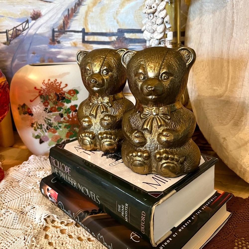 Vintage Pair Brass Teddy Bear Bookends Nursery Decor Mid Century Boho - Picture 2 of 5